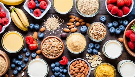 Verschiedene vegane Backzutaten: Apfelmus, Leinsamen, pflanzliche Milch und vegane Butter
