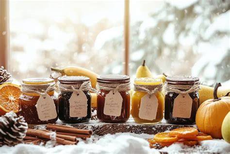 Verschiedene winterliche Marmeladen mit Gewürzen