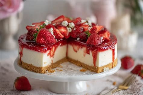 Verzierte Erdbeer-Frischkäse-Torte mit Glasur und Erdbeerhälften