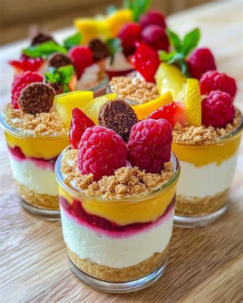 Vielfalt an Schichtdesserts im Glas mit verschiedenen Toppings
