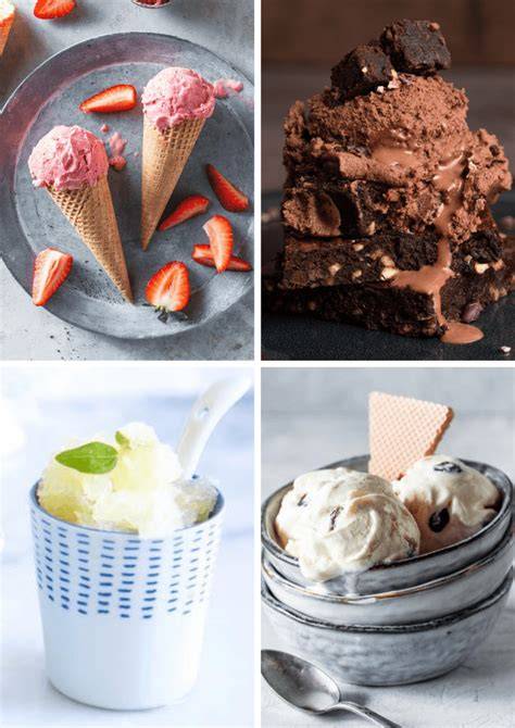 Vielfalt hausgemachter Eissorten (Collage Erdbeereis, Sorbet, Schokoladeneis)