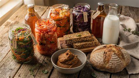 Vielzahl fermentierter Lebensmittel: Brot, Joghurt, Sauerkraut, Wein, Bier