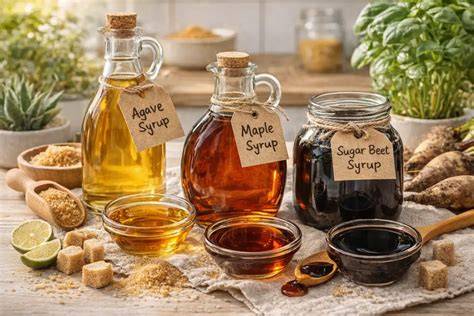 Vier Gläser: Honig, Zuckerrübensirup, Ahornsirup, Löwenzahnsirup
