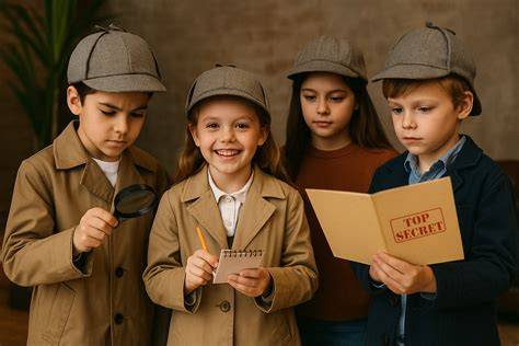 Vier Kinder als Detektive vor einer Schokoladenfabrik