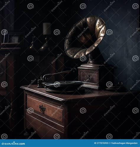 Vintage-Grammophon mit 24 Schallplatten auf einem weihnachtlich geschmückten Tisch