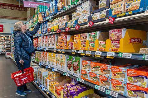 Vitrine mit Käsekuchenvarianten und Netto-Regal mit Eigenmarken und Markenprodukten