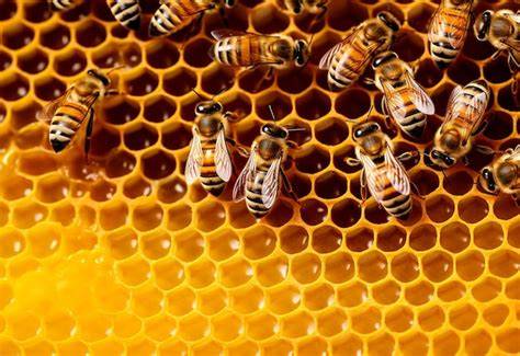 Wabenzellen mit Honig und Bienen bei der Wasserreduktion