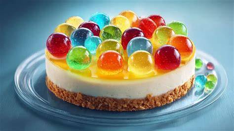 Wackelpudding Torte auf einer Tortenplatte mit bunten Toppings