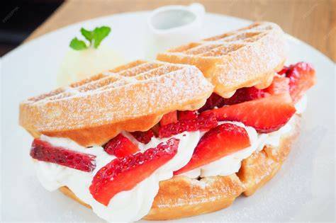 Waffel mit Erdbeeren und Vanilleeis auf dem Gartentisch