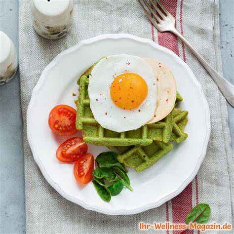 Waffel mit Spinat und Spiegelei angerichtet