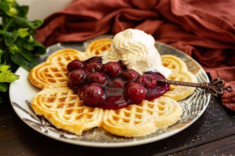 Waffel-Toppings: Puderzucker, heiße Kirschen, Vanilleeis, Nuss-Nougat-Creme