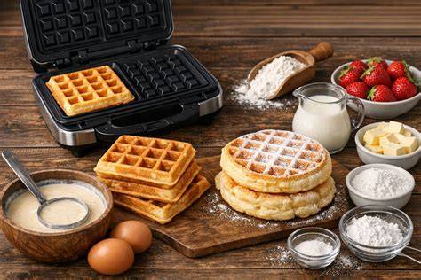 Waffeleisen und frisch gebackene Waffeln
