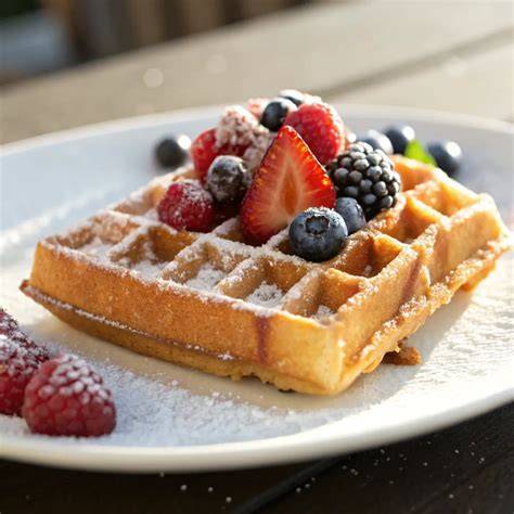 Waffeleisen und frisch gebackene belgische Waffeln mit Puderzucker und Beeren