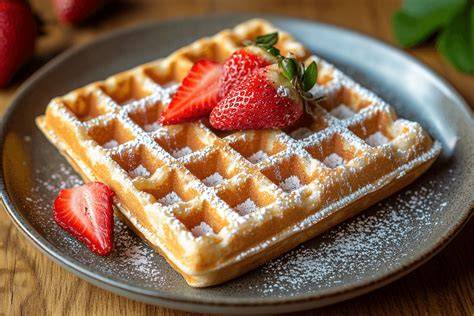 Waffeln mit Erdbeeren und Puderzucker