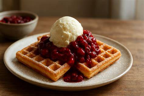Waffeln mit roter Grütze und Schlagrahm