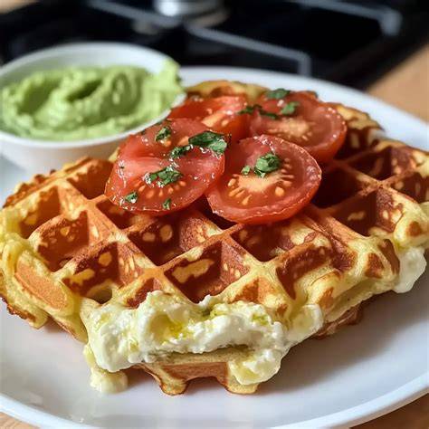 Waffeln mit veganer Mozzarella-Alternative und getrockneten Tomaten