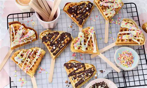 Waffeln und Muffins bunt dekoriert auf dem Kindergeburtstagstisch