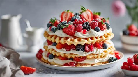 Waffeltorte mit Früchten und Sahne, sommerlich angerichtet