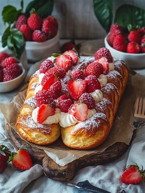 Waffelturm mit Puderzucker, Sahne und Erdbeeren