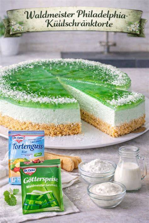 Waldmeister Schmand Torte aufgeschnitten, grüne Creme und Keksboden