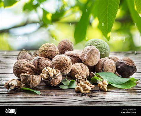Walnüsse und Schokoladenstückchen auf Holztisch