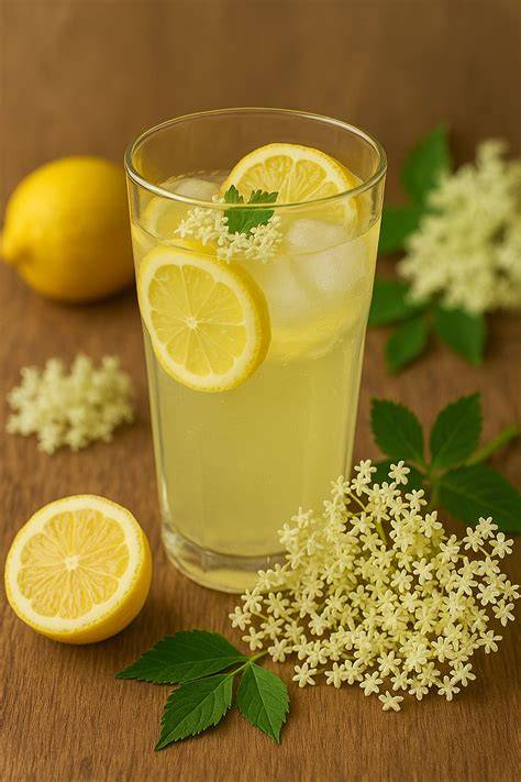Wasser, Holunderblüten und Zitronenscheiben - Ansatz im Glas