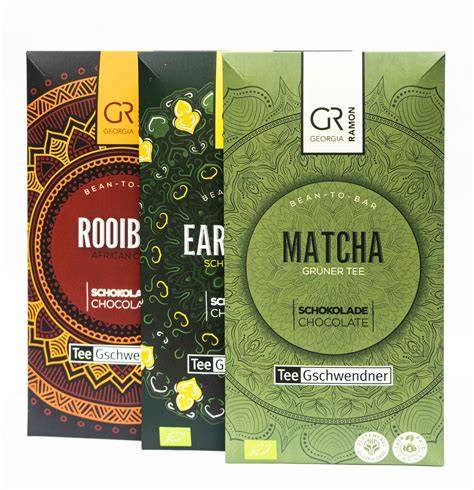 Weiße Schokolade mit Matcha, Earl Grey und Rooibos African Chai Tafeln