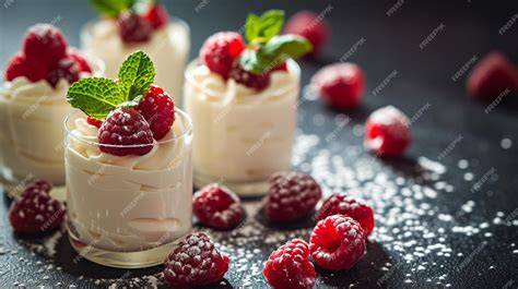 Weiße Schokoladenmousse mit frischen Himbeeren und Mandelflocken garniert