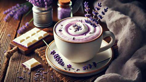 Weißer Kakao mit Lavendel in stilvoller Tasse
