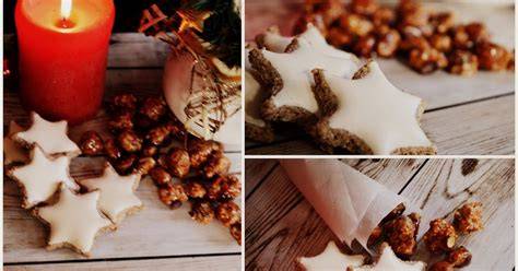 Weihnachtliche Dessertdeko: Zimtsterne, Krokant und Früchte