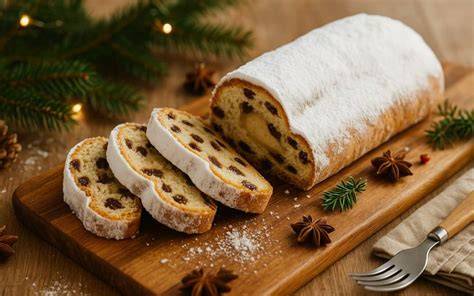 Weihnachtliche Küche: frisch gebackene Stollen, Puderzucker, Nüsse und Gewürze