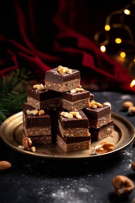 Weihnachtliche Nougat-Schnitten auf einem Tablett mit Schokoglasur und Haselnusskrokant