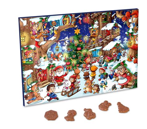 Weihnachtlicher Adventskalender mit weißer Schokolade, Detailansicht der Türchen und Figuren