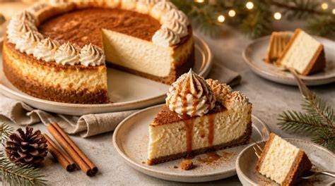 Weihnachtlicher Käsekuchen dekoriert mit Zimt und Zuckeraugen