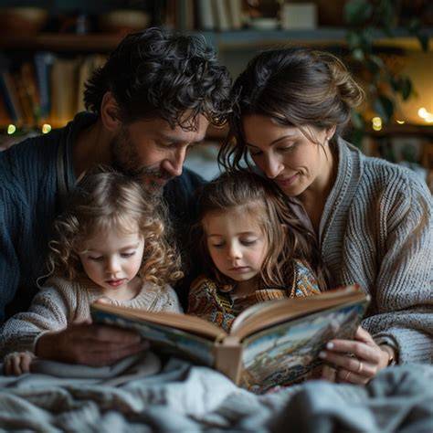 Weihnachtsbuch, Familie liest zusammen bei Kerzenlicht