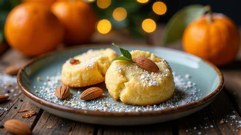 Weihnachtstafel mit Marzipan-Hefekranz, Orangen, Mandeln und Tannenzweigen