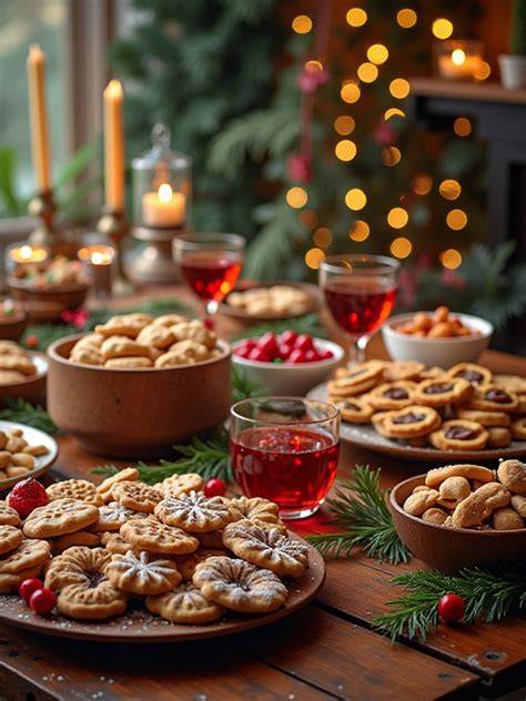 Weihnachtstisch mit verschiedenen Plätzchen-Klassikern