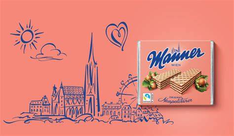 Wiener Stephansdom als Markenzeichen von Manner; rosa Verpackung und roter Aufreißfaden