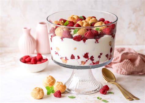 Windbeutel-Himbeer-Dessert mit Milchmädchen-Quarkcreme