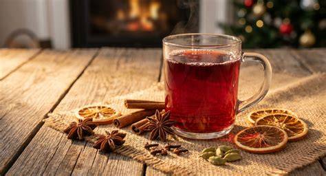 Winterliche Glühwein-Tassen und Zutaten (Wein, Gewürze, Früchte)