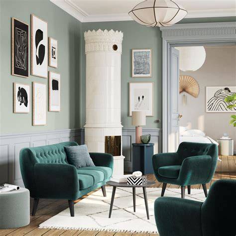 Wohnzimmer mit mintfarbenem Sofa, erdigen Wänden und weihnachtlichen Kissen