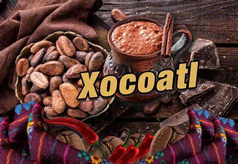 Xocoatl Flakon und Kakao-Bohnen