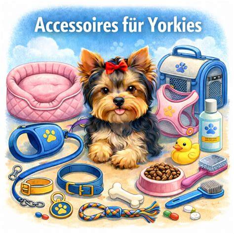 Yorkshire Terrier mit typischer Erstausstattung (Bürste, Hundebett, Spielzeug)