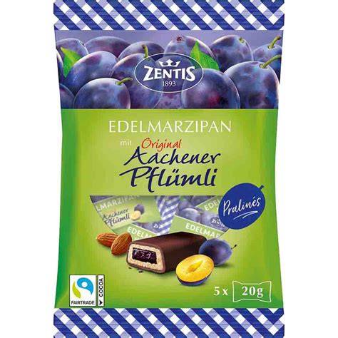 Zentis Aachener Pflümli mit Marzipan - Produktabbildung und Serviervorschläge