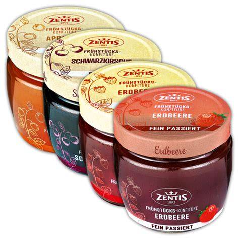 Zentis Marmelade Sorten auf einem Frühstückstisch
