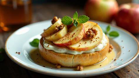 Ziegenkäse, Apfel und Honig auf einem rustikalen Holztisch angerichtet
