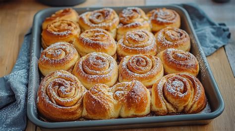 Zimtschnecken aus Mürbeteig in einer Backform vor dem Backen