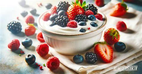 Zimttee in Tasse, Quark mit Beeren und Zimtstange daneben