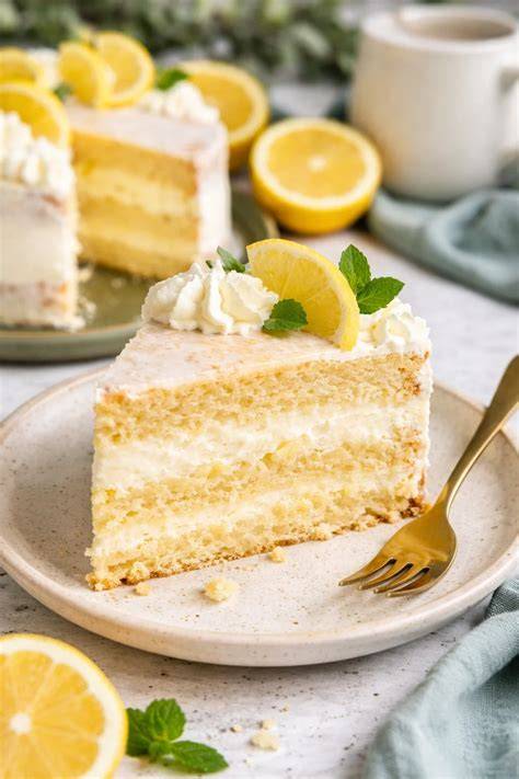 Zitronen Mascarpone Torte angeschnitten, Schichtung sichtbar