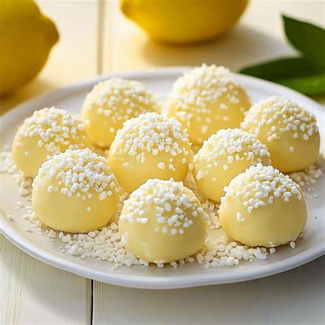 Zitronen Pralinen und Zutaten auf einem hellen Tisch angerichtet